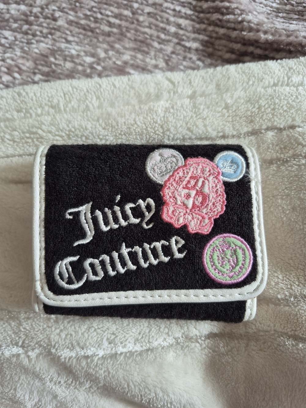 Juicy Couture Black Wallet with Pink, Blue & Green Patch Details